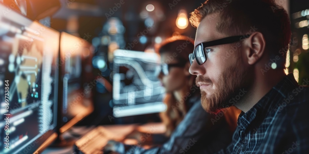 Focused male programmer works on new codes on his personal computer late at night. Focused male programmer works on new codes on his personal computer late at night.
