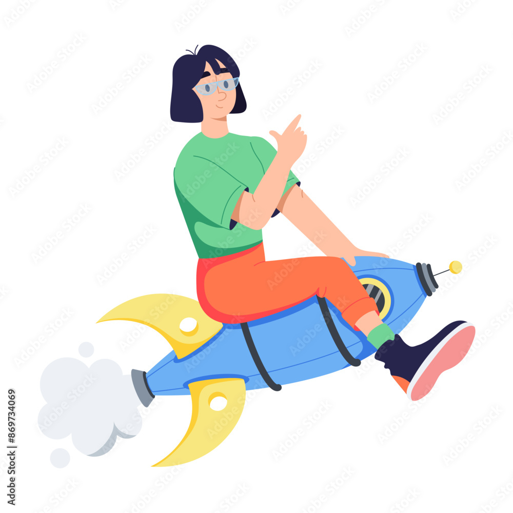 Person with rocket denoting business startup, flat illustration Person with rocket denoting business startup, flat illustration