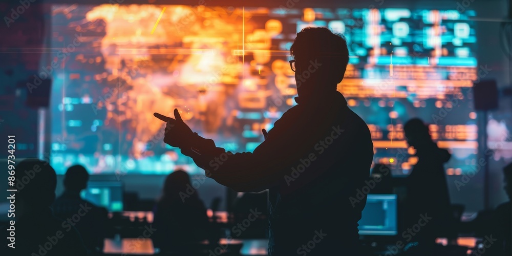 Man in front of the big screen with a lot of information on it. Man in front of the big screen with a lot of information on it.