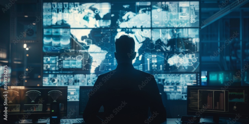Man looking at a screen with a map of the world. Man looking at a screen with a map of the world.