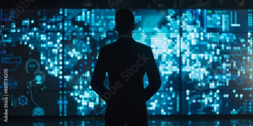 Man in front of the blue digital screen. photo