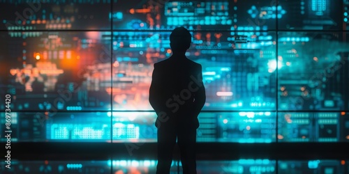 Man looking at the futuristic city through the window.