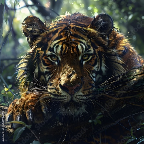  A tiger perched on a tree branch in the forest. photo