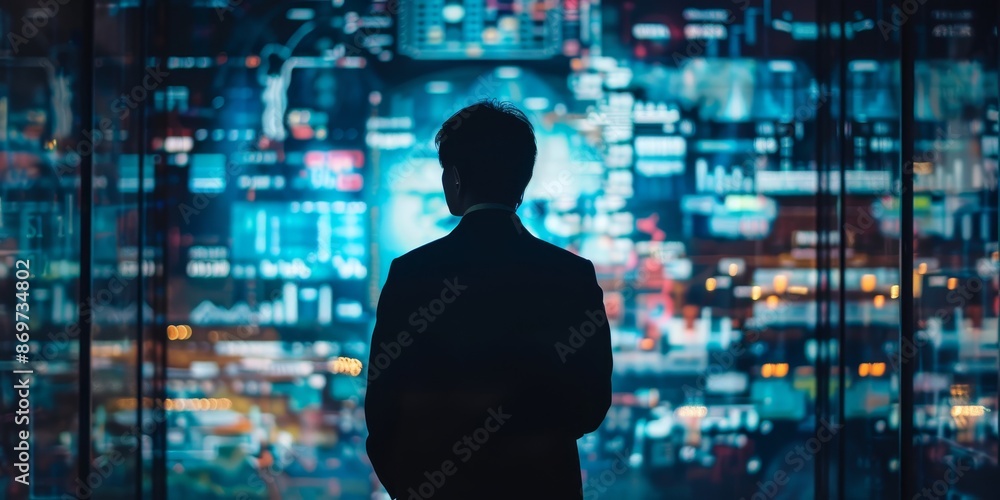 The dark figure of a man standing in front of a large window at night, looking out at the city lights. The dark figure of a man standing in front of a large window at night, looking out at the city lights.