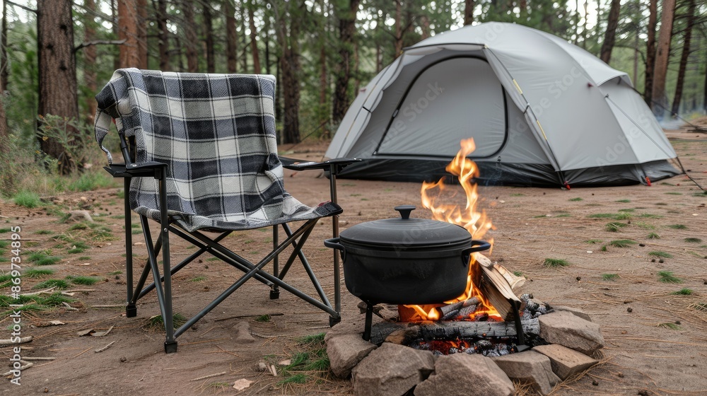 A close-up view of a black cast iron pot sitting on a campfire in a wooded campsite A close-up view of a black cast iron pot sitting on a campfire in a wooded campsite