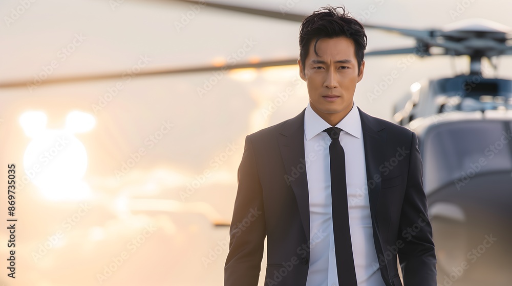 Closeup Japanese Asian Handsome Businessman in Suit and Tie Travel by Helicopter Successful Corporate CEO Executive Transportation Closeup Japanese Asian Handsome Businessman in Suit and Tie Travel by Helicopter Successful Corporate CEO Executive Transportation