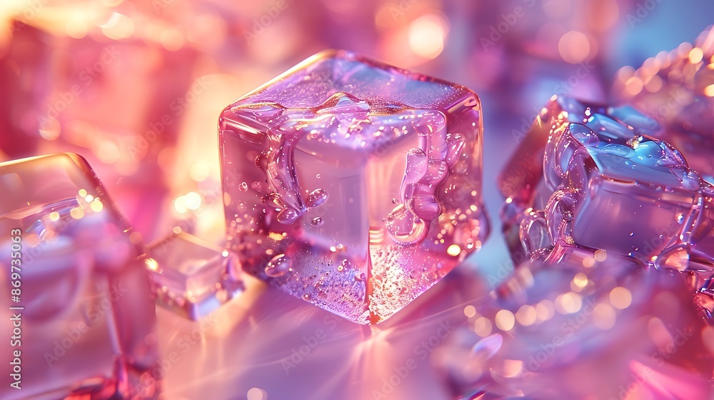 Transparent Background with 3D Crystal Glass Cubes, Featuring Refraction and Holographic Effect Transparent Background with 3D Crystal Glass Cubes, Featuring Refraction and Holographic Effect
