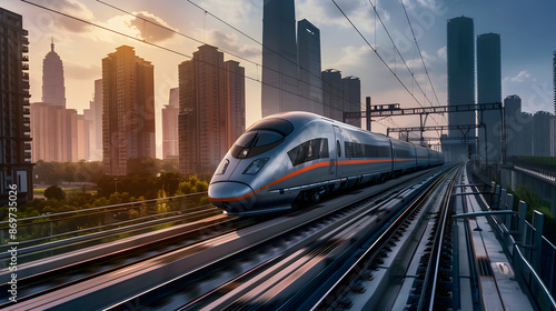 High-Speed Train with Cityscape in the Background photo