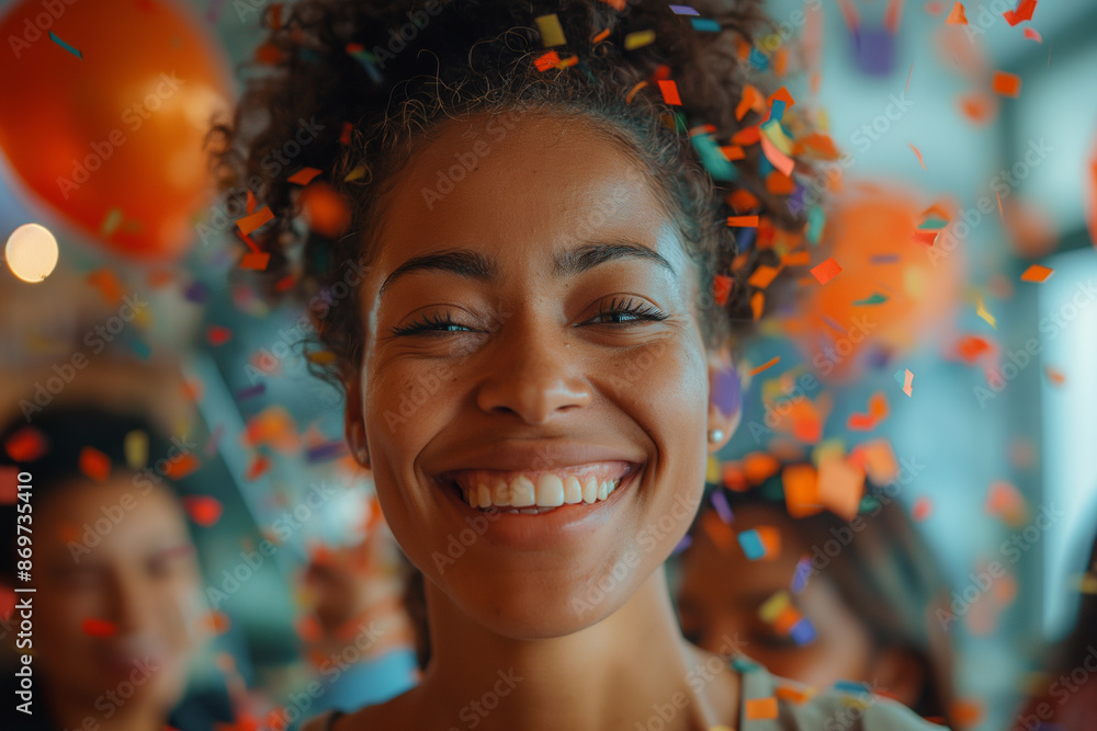 Exuberant young woman with a captivating smile celebrating with flying confetti, capturing a moment of pure joy. Exuberant young woman with a captivating smile celebrating with flying confetti, capturing a moment of pure joy.