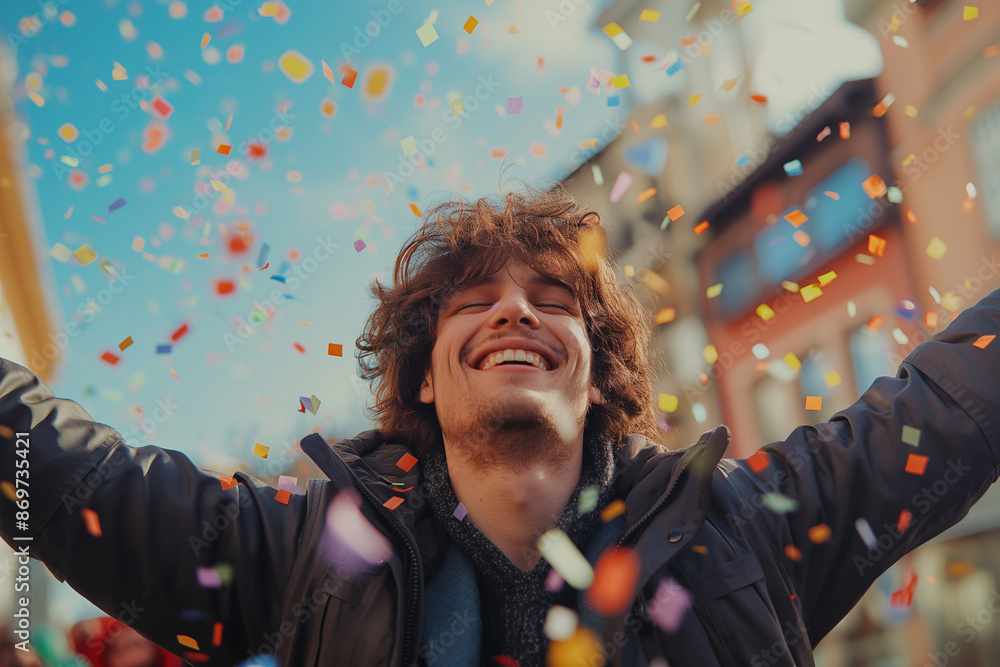 Obraz premium Laughing man wearing glasses and a scarf enjoying a joyful moment amidst a shower of colorful confetti.