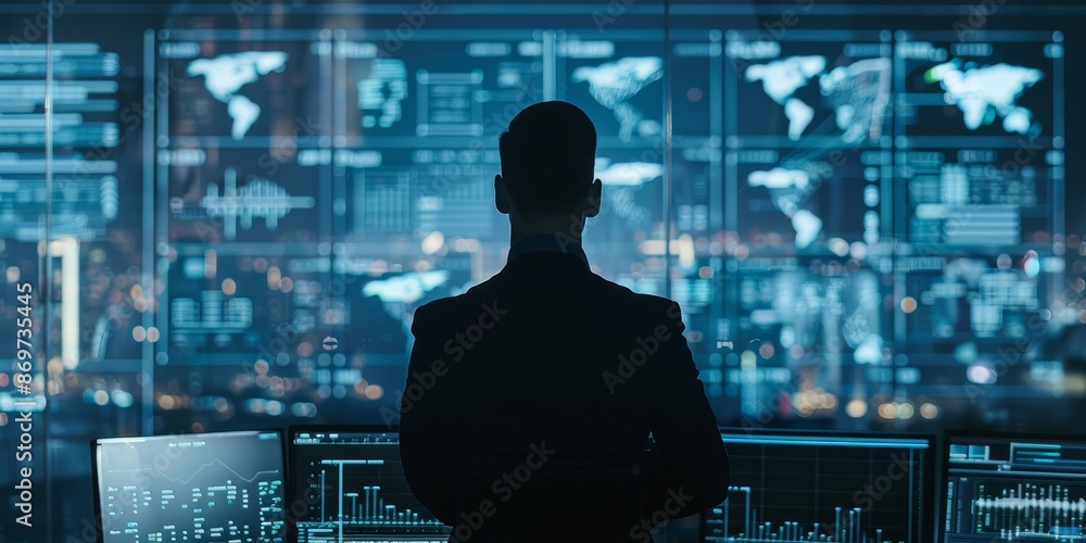 The photo shows a man standing in front of a large video wall The photo shows a man standing in front of a large video wall
