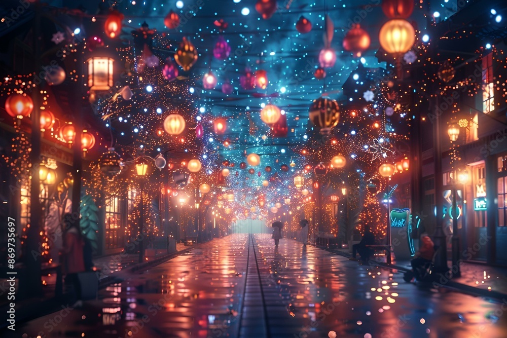 Busy city street at night with glowing lights and people walking. Busy city street at night with glowing lights and people walking.