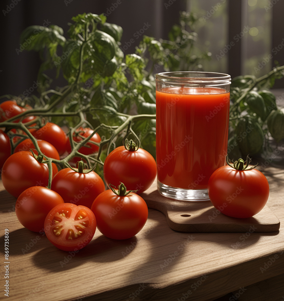 A container of tomato juice, and a few ripe tomatoes A container of tomato juice, and a few ripe tomatoes