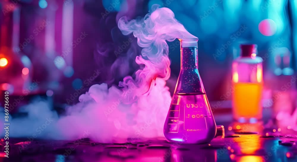 A colorful chemistry experiment with smoke in a test tube and glass bottle on a desk with a light background