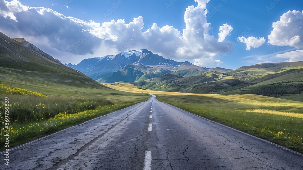 Naklejka premium Open road to the mountains. Scenic view of an open road leading towards majestic snow-capped mountains, promising adventure and breathtaking landscapes.