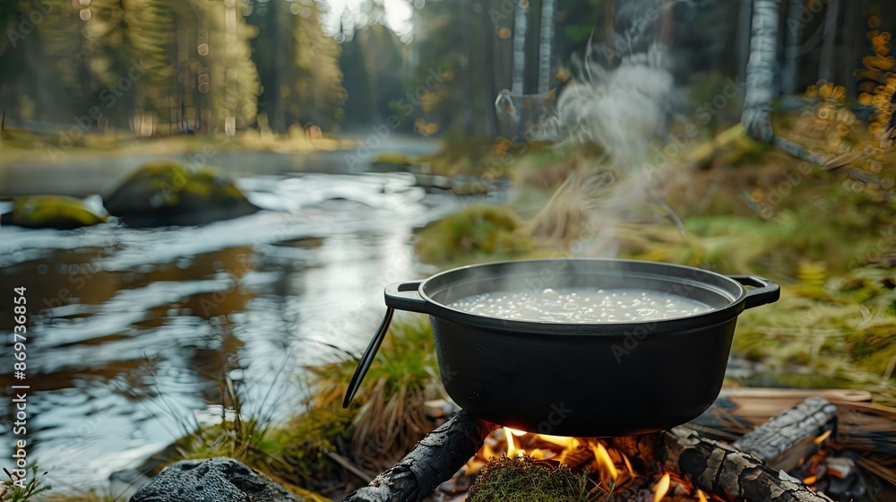 A pot of water boils over glowing embers of a campfire, steam rising into the air A pot of water boils over glowing embers of a campfire, steam rising into the air