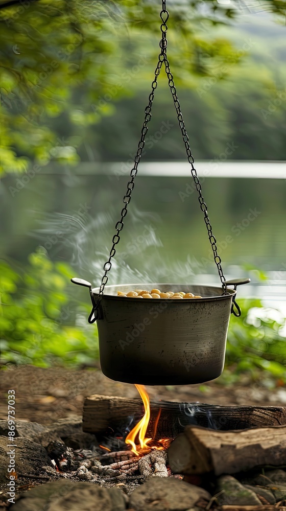 A pot of water boils over glowing embers of a campfire, steam rising into the air A pot of water boils over glowing embers of a campfire, steam rising into the air