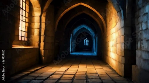 Scary long corridor on old castle