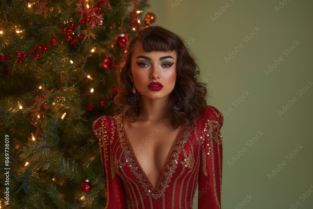 Woman in Christmas dress near the Christmas tree. Colorful makeup and retro hairstyle for Christmas or new year party. Beautiful pinup girl with Christmas pin-up makeup holding glass of champagne Woman in Christmas dress near the Christmas tree. Colorful makeup and retro hairstyle for Christmas or new year party. Beautiful pinup girl with Christmas pin-up makeup holding glass of champagne
