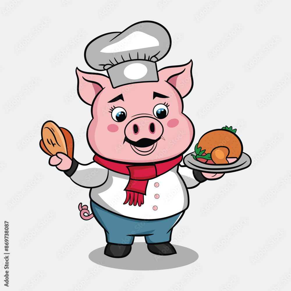 The cute pig is wearing a chef hat and scarf and serving food. The cartoon mascot's drawn illustration design The cute pig is wearing a chef hat and scarf and serving food. The cartoon mascot's drawn illustration design