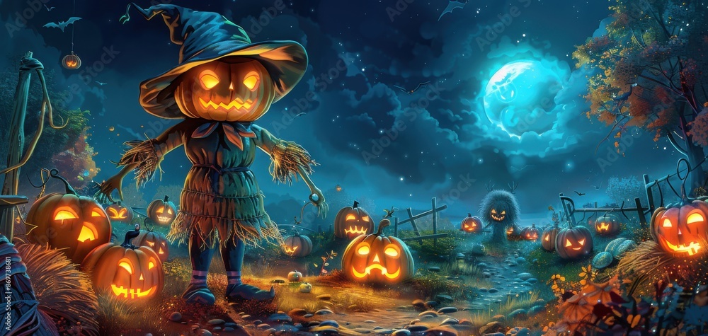 A spooky Halloween night scene with glowing jack-o'-lanterns, a scarecrow, and a full moon in the background. A spooky Halloween night scene with glowing jack-o'-lanterns, a scarecrow, and a full moon in the background.