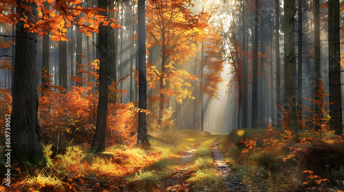 Sunlit Autumn Path: Stroll Through a Vivid Forest of Red, Orange, and Yellow Leaves in Fall Splendor © Zachary