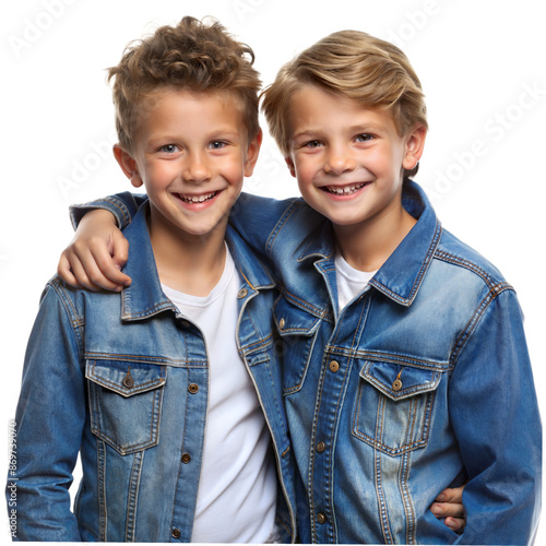 Two Smiling Boys Wearing Denim Jackets Pose Together