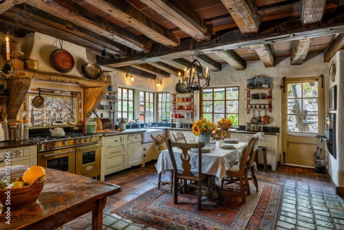 Wallpaper Mural Rustic Farmhouse Kitchen with Wooden Beams, Vintage Decor, and Large Dining Table - Perfect for Print Design Torontodigital.ca