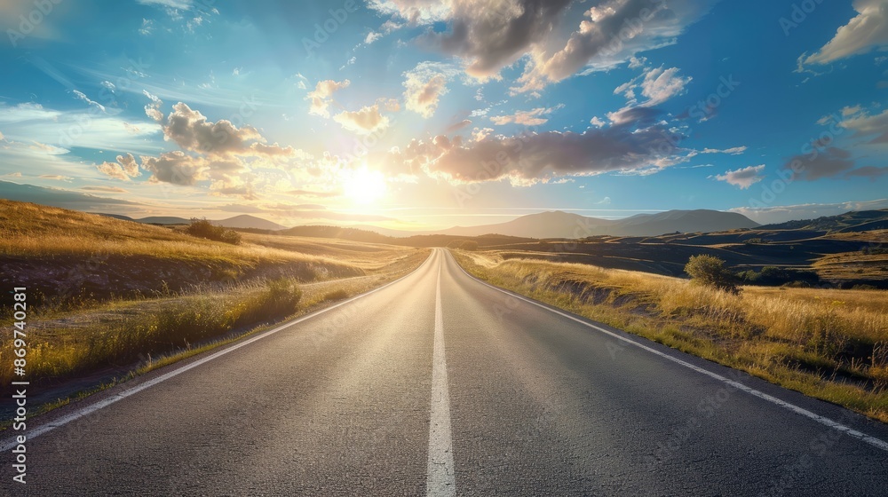 Fototapeta premium Open road sunset landscape. Scenic view of an empty asphalt road leading towards a beautiful sunset over rolling hills and golden fields.