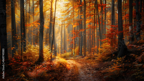 Sunlit Autumn Path: Stroll Through a Vivid Forest of Red, Orange, and Yellow Leaves in Fall Splendor