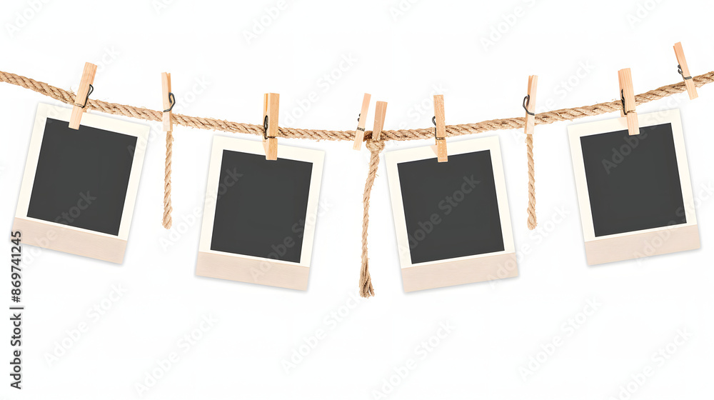 Four blank polaroid frames and clothespins attached to a rope isolated on white background. Clipping Path Included. Four blank polaroid frames and clothespins attached to a rope isolated on white background. Clipping Path Included.