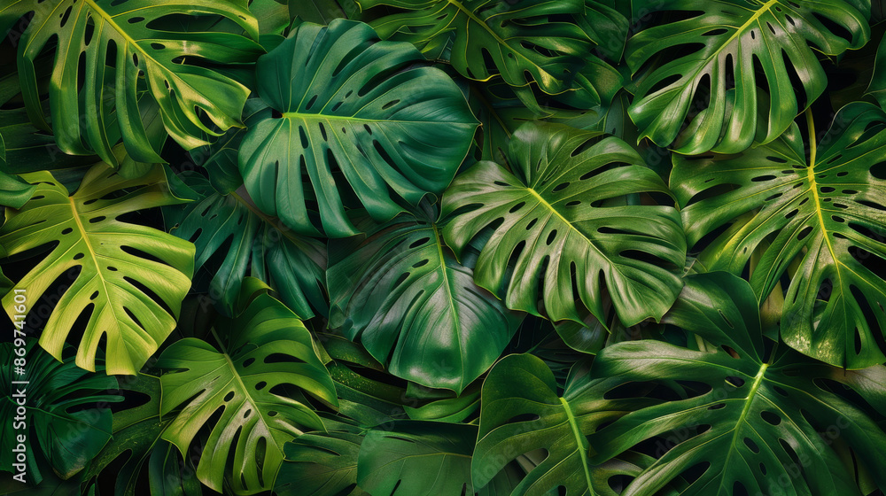 Vivid green tropical leaves make a lush, exotic pattern for fabric, wallpaper, or home decor. Vivid green tropical leaves make a lush, exotic pattern for fabric, wallpaper, or home decor.