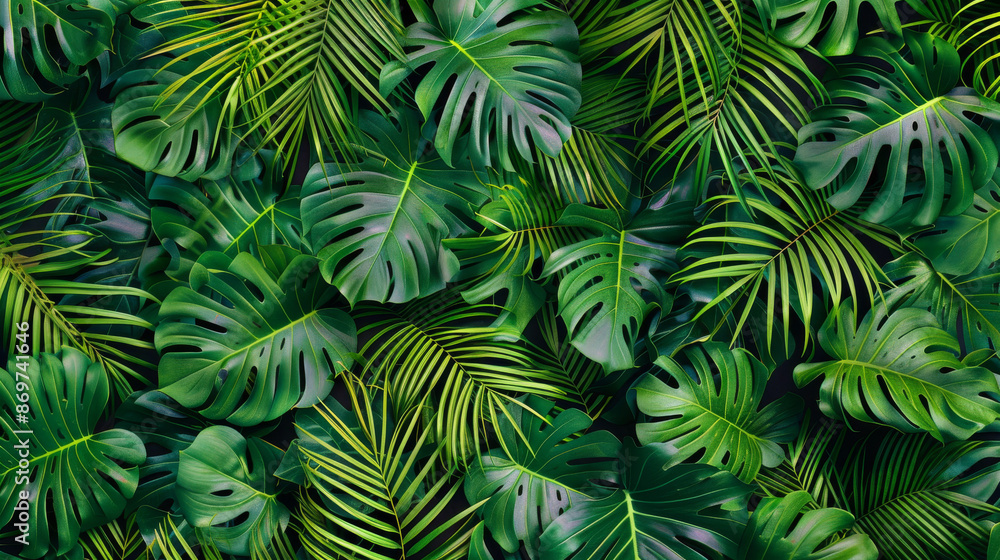 Fototapeta premium Vivid green tropical leaves make a lush, exotic pattern for fabric, wallpaper, or home decor.