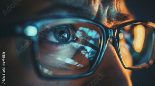 Eye on technology, close up of man wearing glasses. Close up image of a man wearing glasses, with the reflection of a computer screen in his eyes, highlighting the impact of technology on our lives. © Lull