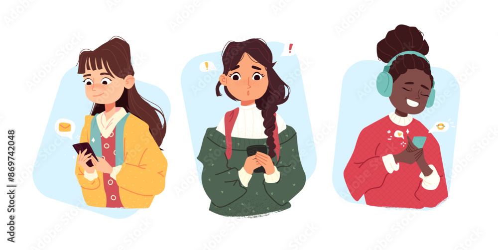 Set of students. Vector illustration. A girl received a message, A surprised woman with a phone and a joyful character with headphones listening to music. Childish cute textured art. Social media Set of students. Vector illustration. A girl received a message, A surprised woman with a phone and a joyful character with headphones listening to music. Childish cute textured art. Social media