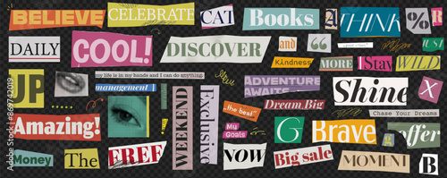 Collage elements kit. Cutout magazine text. Ransom letter for note. Retro scrapbook type. Modern ripped paper isolated on transparent background as a png