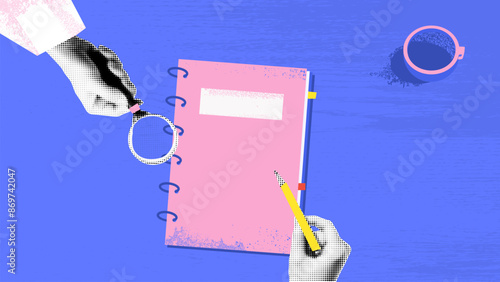 Vector collage banner with halftone hands with a pen and a magnifying glass and a folder. Pop art trendy styles with bold colors and textures. Top view on the wooden table and coffee cup