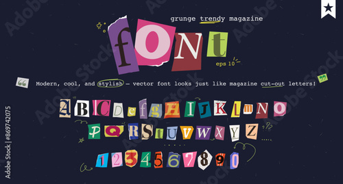 Set of magazine cutout alphabet font. Cut letter. Typography type from newspaper. Pop art clipping word. Vector crime grunge illustration with ripped and torn elements
