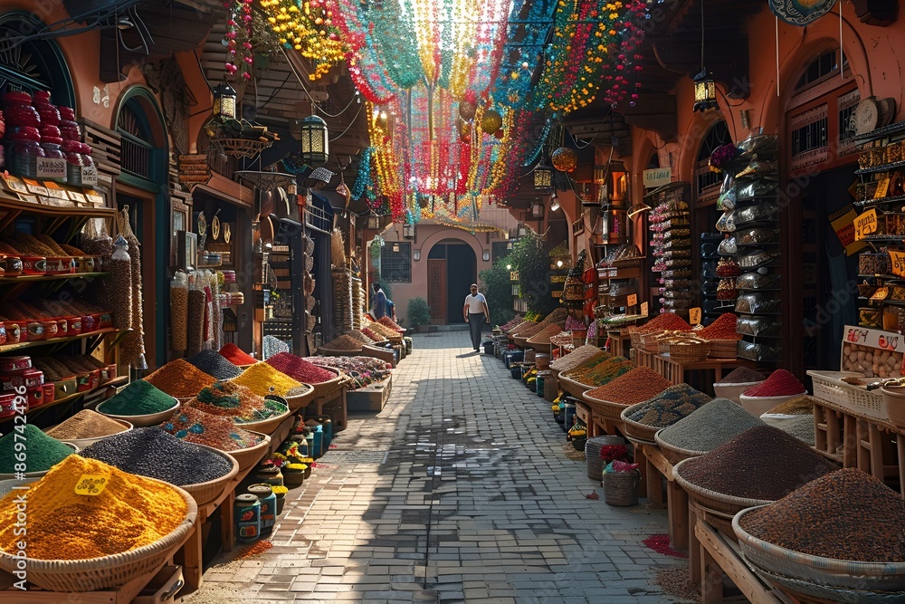 Colorful spices displayed along a narrow street, creating a vibrant and aromatic scene. Colorful spices displayed along a narrow street, creating a vibrant and aromatic scene.