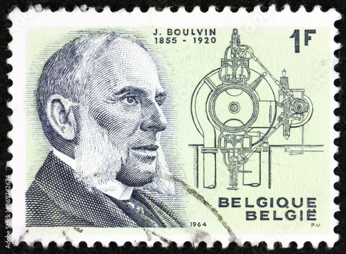 Obraz na płótnie Postage stamp Belgium 1964 Joules Boulvin (1855-1920), mechanical engineer, and internal combustion engine w salonie