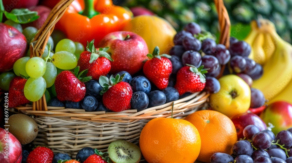 Basket of fresh fruits. Colorful variety of fresh fruits in a basket, promoting healthy eating and vibrant nutrition. Basket of fresh fruits. Colorful variety of fresh fruits in a basket, promoting healthy eating and vibrant nutrition.