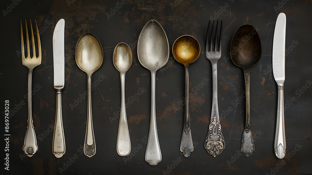 Cutlery knife, spoons, forks on a dark concrete background. AI Generated Cutlery knife, spoons, forks on a dark concrete background. AI Generated