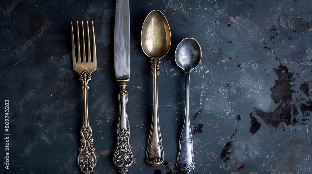 Cutlery knife, spoons, forks on a dark concrete background. AI Generated Cutlery knife, spoons, forks on a dark concrete background. AI Generated