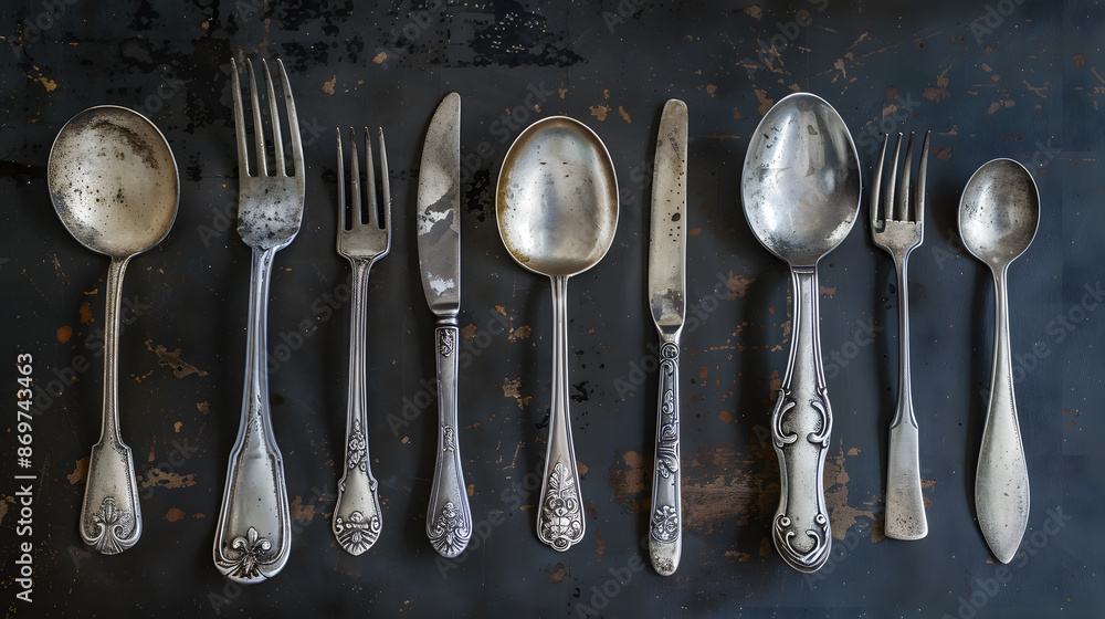Cutlery knife, spoons, forks on a dark concrete background. AI Generated Cutlery knife, spoons, forks on a dark concrete background. AI Generated