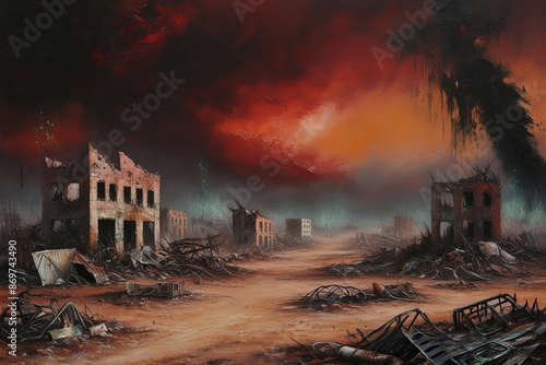 Ravaged world with crumbling buildings, fiery sky, and luminescent green sparks, evoking desolation and nature's reclamation.