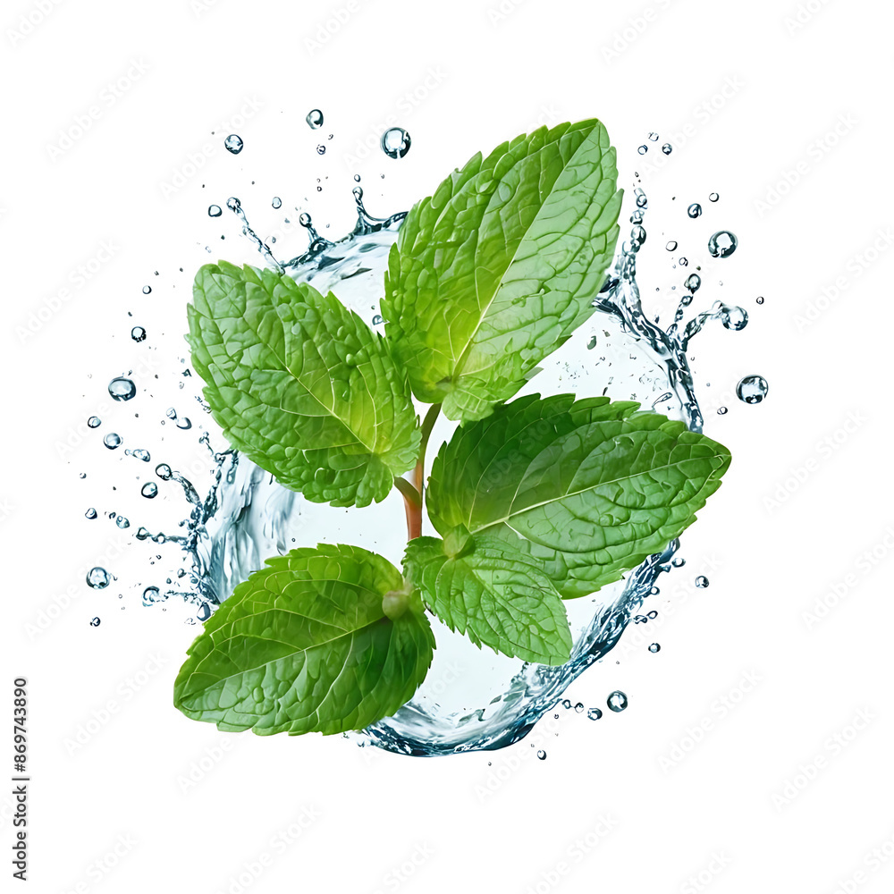 A sprig of fresh mint leaves with water droplets splashing around it, evoking a sense of coolness and refreshment. Ideal for health, wellness, and culinary themes. A sprig of fresh mint leaves with water droplets splashing around it, evoking a sense of coolness and refreshment. Ideal for health, wellness, and culinary themes.