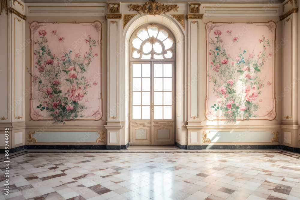 Luxury Palace hall Interior with big windows and pink walls decorated ...