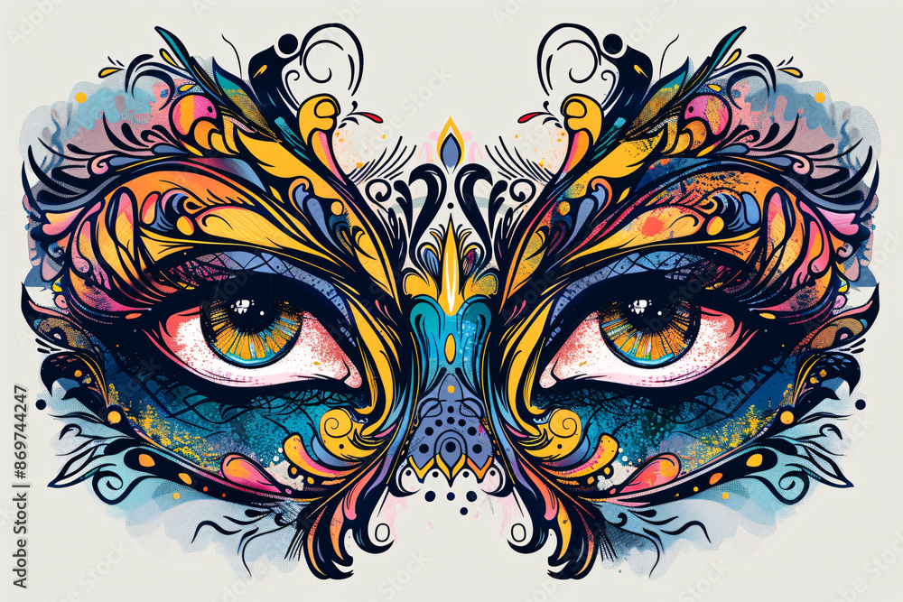Artistic colorful illustration of eyes surrounded by intricate mask design Artistic colorful illustration of eyes surrounded by intricate mask design