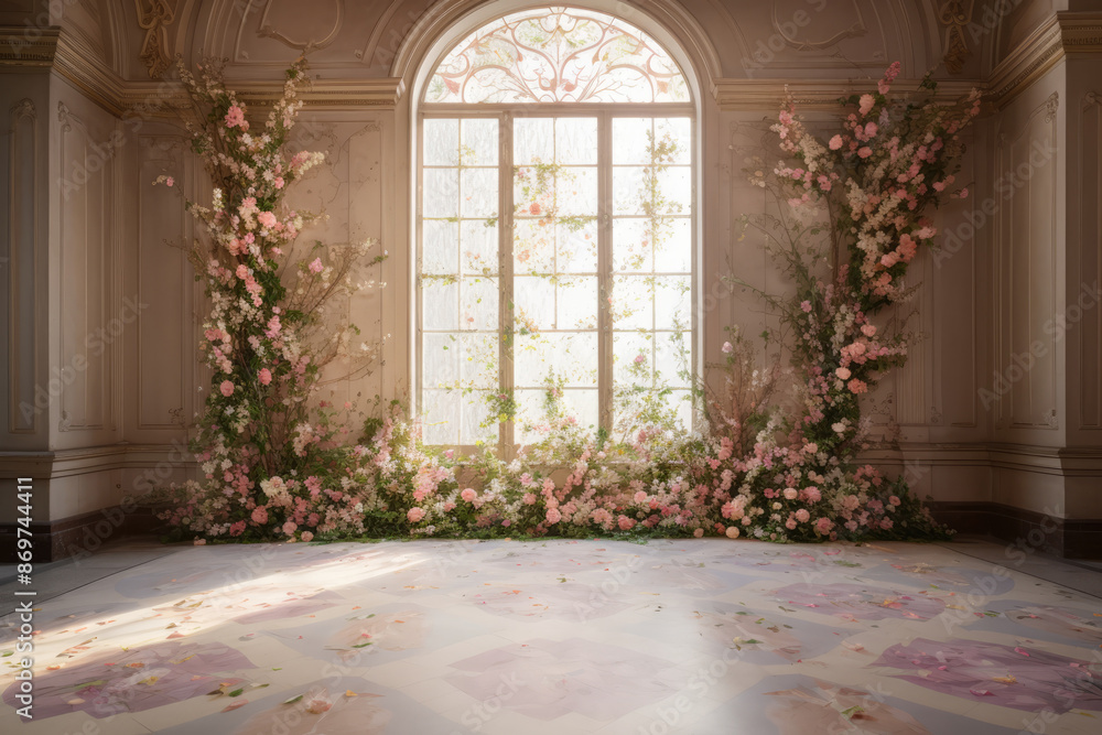 Luxury Palace Interior decorated with roses flowers. Palace Interior background. Photo studio backdrop. Wedding interior Luxury Palace Interior decorated with roses flowers. Palace Interior background. Photo studio backdrop. Wedding interior
