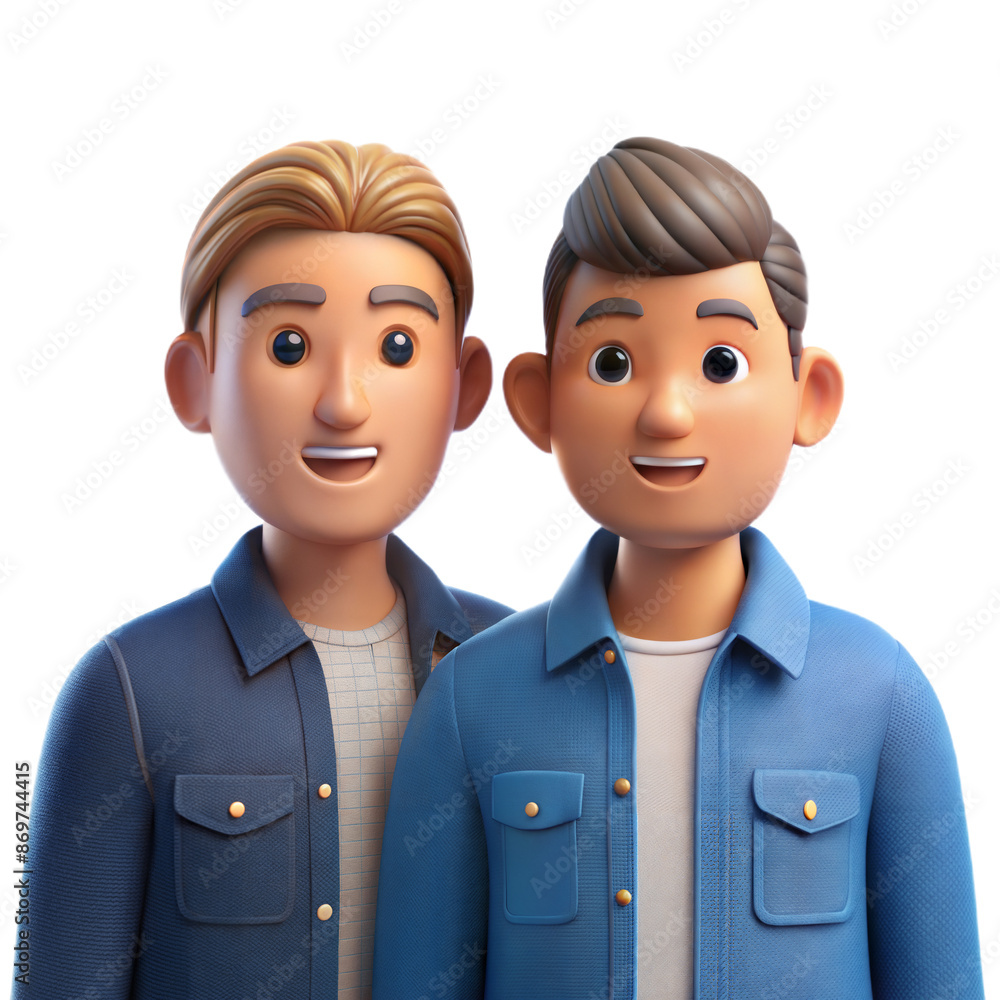 Naklejka premium Two Smiling 3D Cartoon Men Wearing Blue Denim Jackets